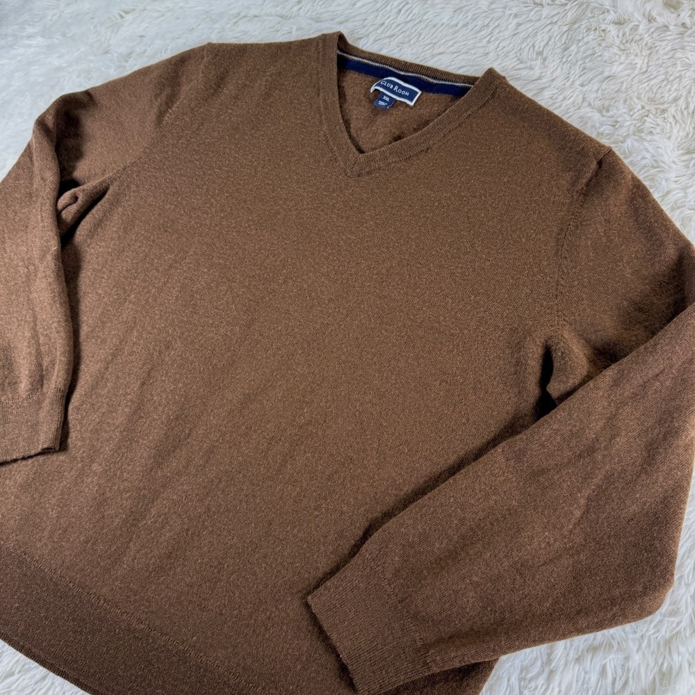 Club Room Mens Brown Merino Wool Blend V Neck Sweater 2XL XXL Classic Soft Warm
